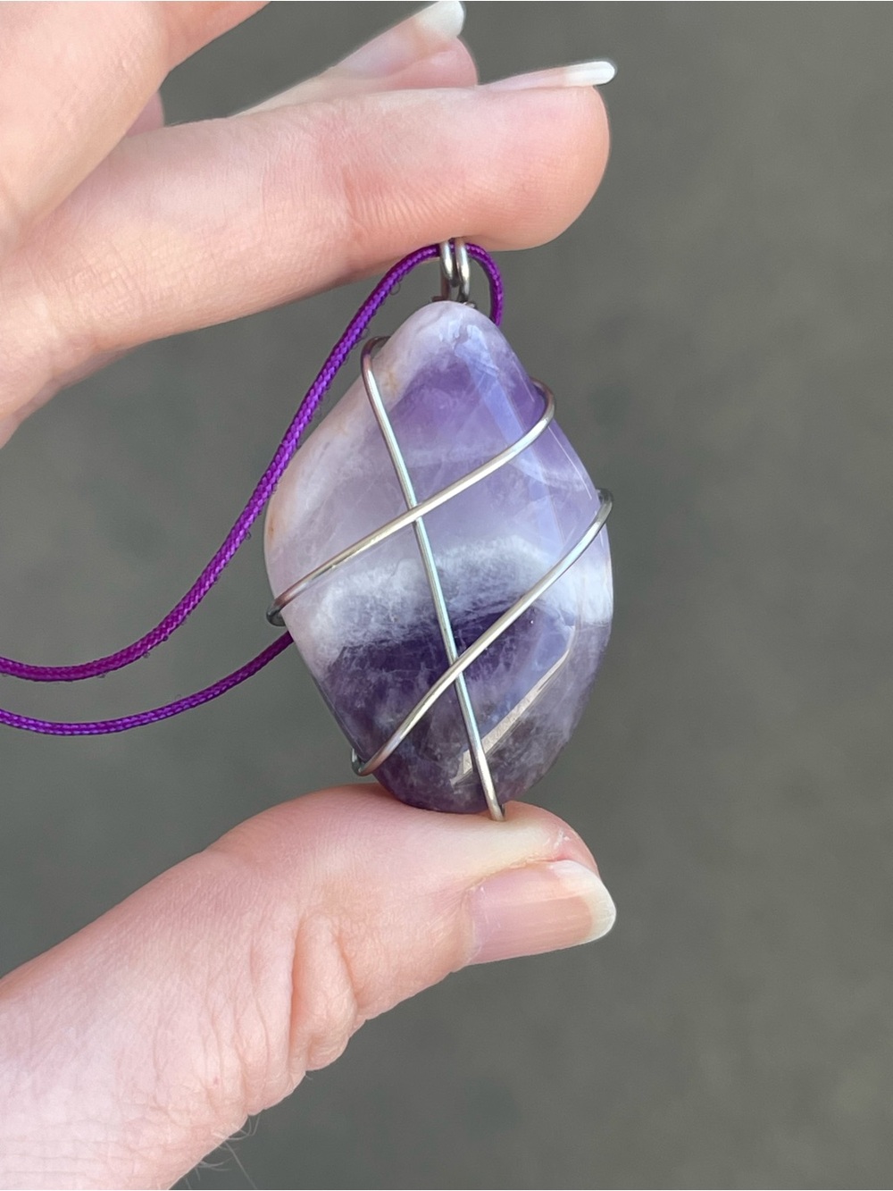 Amethyst Stainless Steel Silver Wire Wrap Necklace on Purple Nylon Cord
